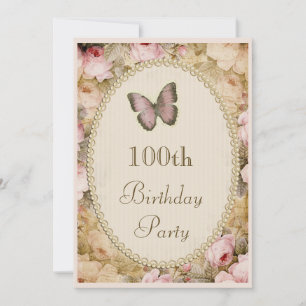 100. Geburtstag Vintage-Rosen Schmetterling Noten Einladung