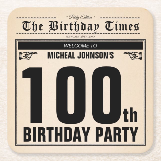 100. Geburtstag Vintager Zeitungsspass Einzigartig Rechteckiger Pappuntersetzer (Vorderseite)