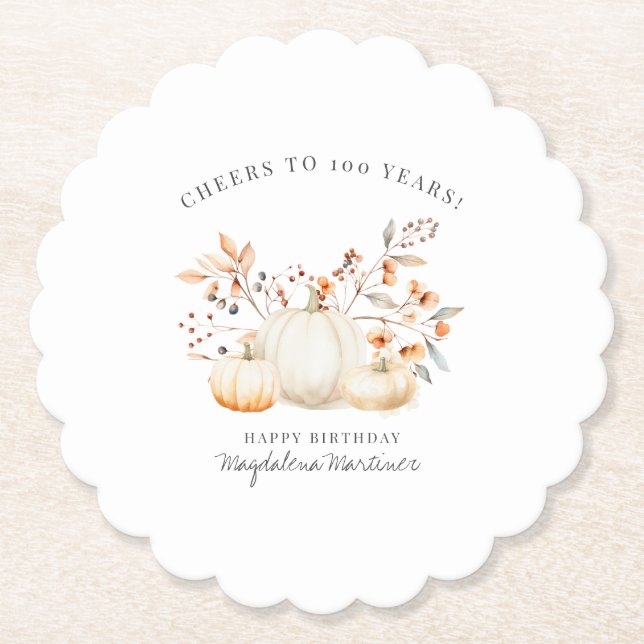 100. Geburtstag White Pumpkin Herbstlaubs Custom Untersetzer (Vorderseite)