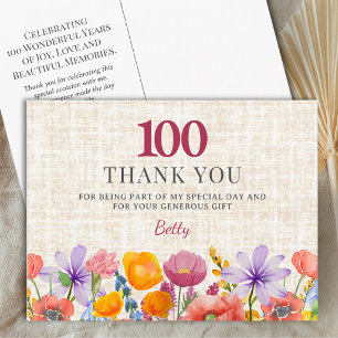 100. Geburtstags-Blumen-Dankeschön-Appreciation Postkarte