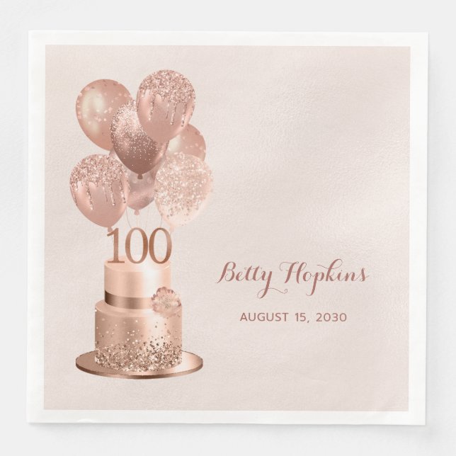 100. Geburtstags-Rose Gold Cake Serviette (Vorderseite)