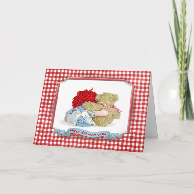 100. Geburtstagsbär und Puppe Karte (Vorderseite)