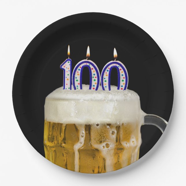 100. Geburtstagsbier auf schwarzem Papierplatte Pappteller (Vorderseite)