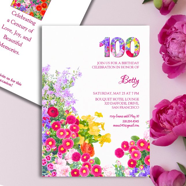 100. Geburtstagsfeier Blumengeblümter Blume modern Einladung (Von Creator hochgeladen)