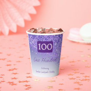 100. Geburtstagsfeier Glänzender Lila Glitter Pappbecher