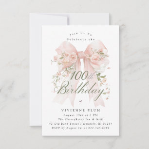 100. Geburtstagsfeier Rosa Coquette-Schleife Rose Einladung