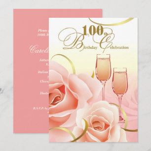 100. Geburtstagsfeier. Rosa Pfirsichfarbene Rose Einladung