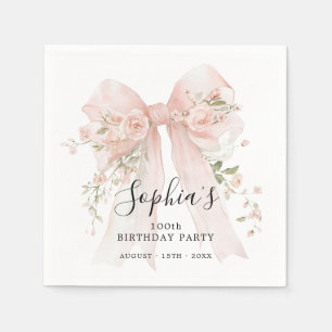 100. Geburtstagsfeier Rosa Schleife mit Rosen Cock Serviette