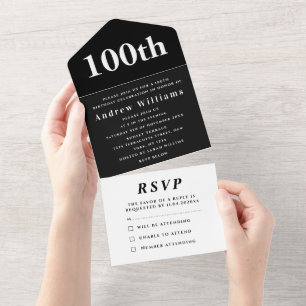 100. Geburtstagsfeier Schwarz Elegant Modern All In One Einladung