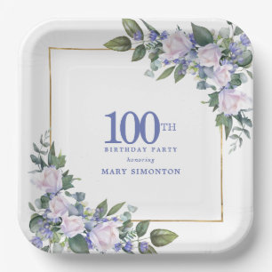 100. Geburtstagsfeier Weiße Rose Blaue Blüten indi Pappteller