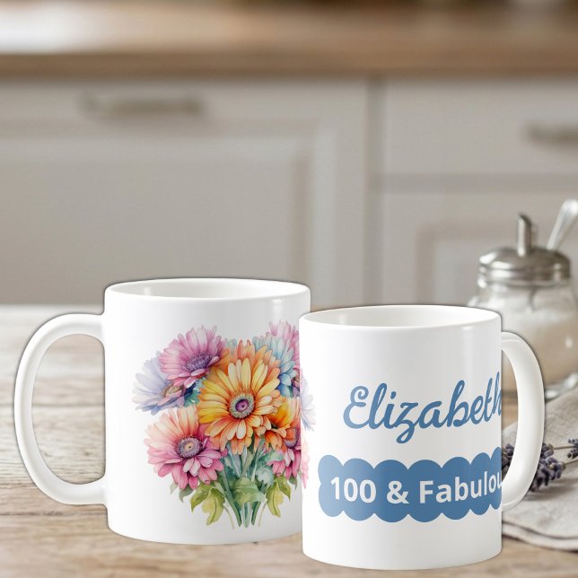 100. Geburtstagsname Gerbera Blume blau Kaffeetasse (Von Creator hochgeladen)