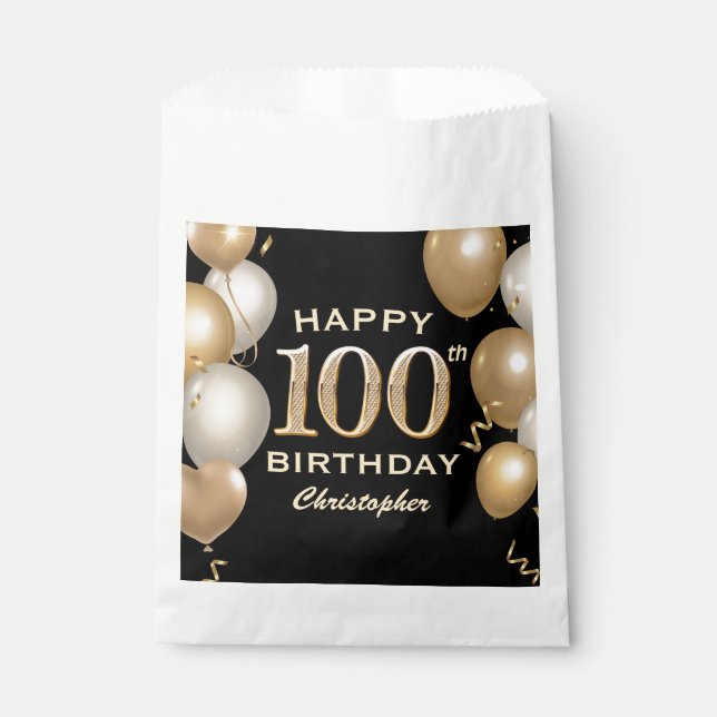 100. Geburtstagsparty Black and Gold Ballons Geschenktütchen (Vorderseite)