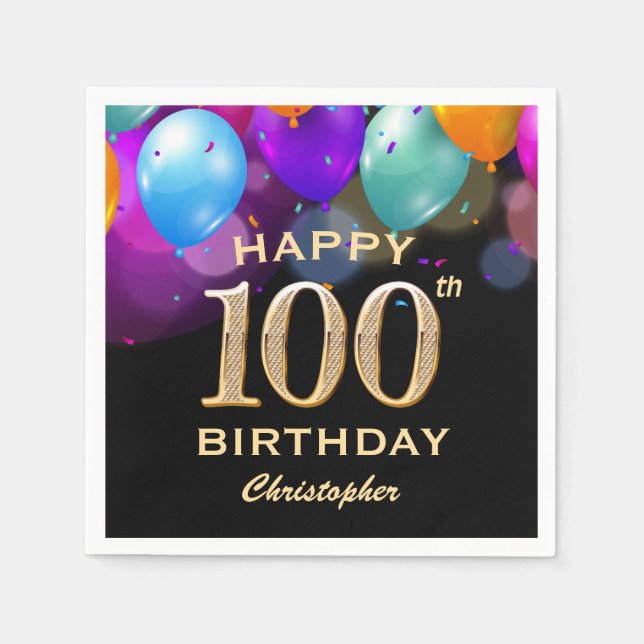 100. Geburtstagsparty Black and Gold Ballons Serviette (Vorderseite)