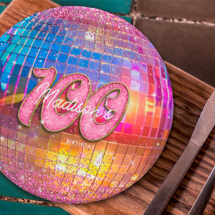 100. Geburtstagsparty Gold Pink Glitzer Disco Ball Pappteller