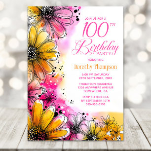 100. Geburtstagsparty in Rosa und Orange Floral Einladung