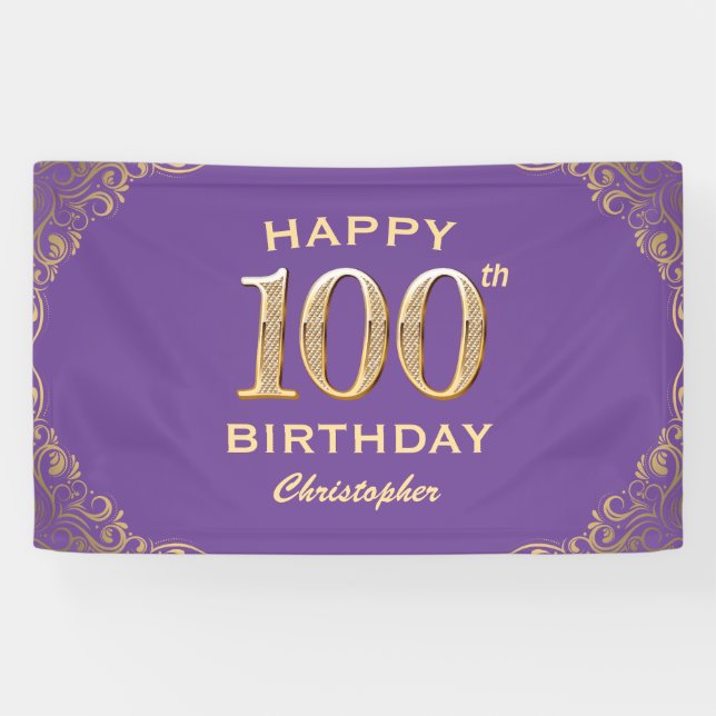 100. Geburtstagsparty Lila und Gold Glitzer Frame Banner (Horizontal)
