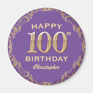 100. Geburtstagsparty Lila und Gold Glitzer Frame Magnet