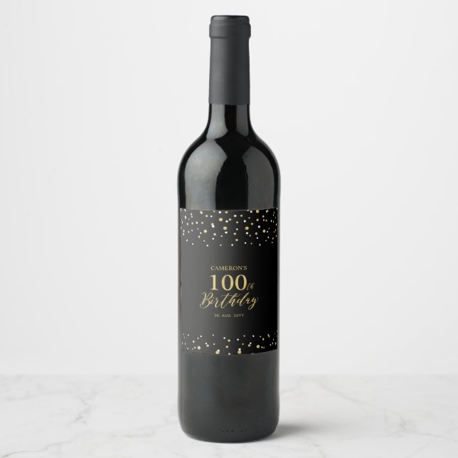 100. Geburtstagsparty mit Gold & Black Confetti Weinetikett (Vorderseite)