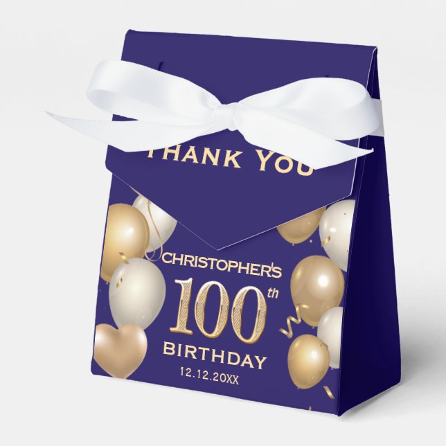 100. Geburtstagsparty Navy Blue and Gold Balloons Geschenkschachtel (Vorderseite)