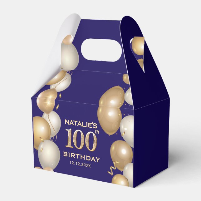 100. Geburtstagsparty Navy Blue and Gold Balloons Geschenkschachtel (Vorderseite)