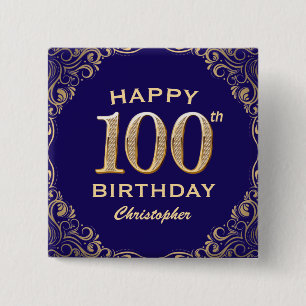 100. Geburtstagsparty Navy Blue and Gold Glitzer Button