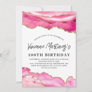 100. Geburtstagsparty Pink Agate Marble Einladung