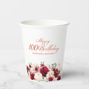 100. Geburtstagsparty Rote Rose Pink Peony Custom Pappbecher