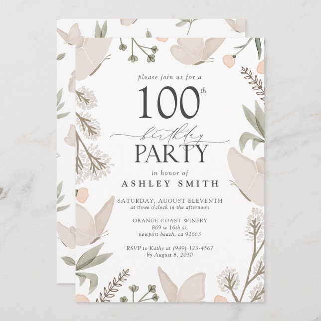 100. Geburtstagsparty Schmetterlinge blutneutrale Einladung (Vorne/Hinten)