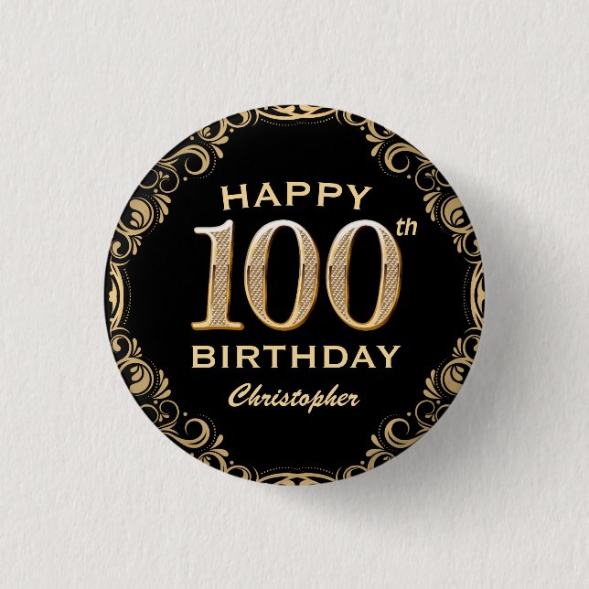 100. Geburtstagsparty Schwarz und Gold Glitzer Fra Button (Vorderseite)