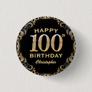 100. Geburtstagsparty Schwarz und Gold Glitzer Fra Button