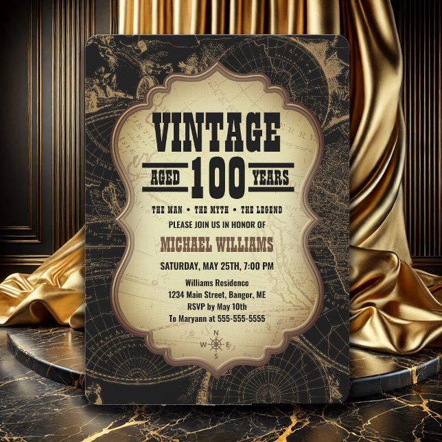 100. Geburtstagsparty Vintag Thema Weltkarte Einladung (100th Birthday Party Invitation for Men with a trendy Vintage theme)