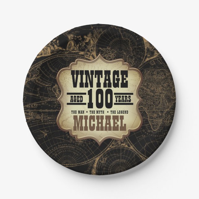 100. Geburtstagsparty Vintages Thema Individuelle  Pappteller (Vorderseite)