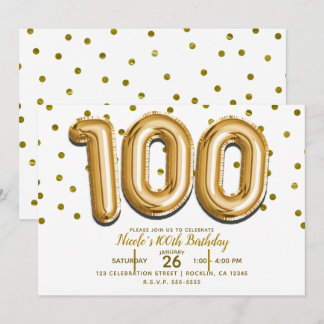 100 Gold Balloons & Confetti 100. Geburtstagsparty Einladung