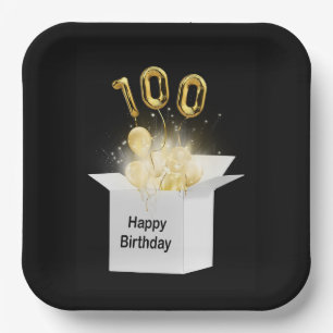 100. Gold Geburtstagsballons in der White Box Pappteller