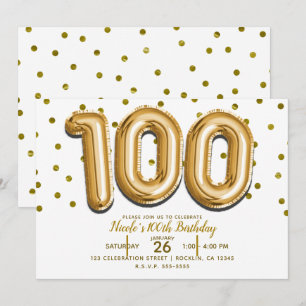 100 goldene Ballons & Konfetti 100. Geburtstagsfei Einladung