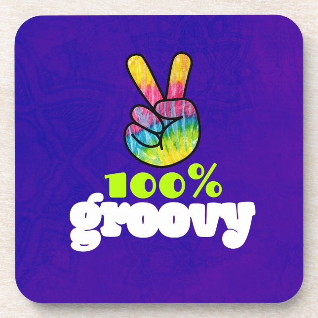 100% Groovy mit Rainbow Hand Peace Sign Untersetzer (Vorderseite)