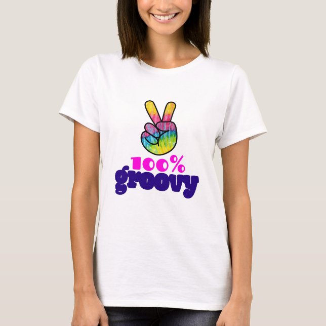 100% Groovy Rainbow with Hand Peace Sign T-Shirt (Vorderseite)
