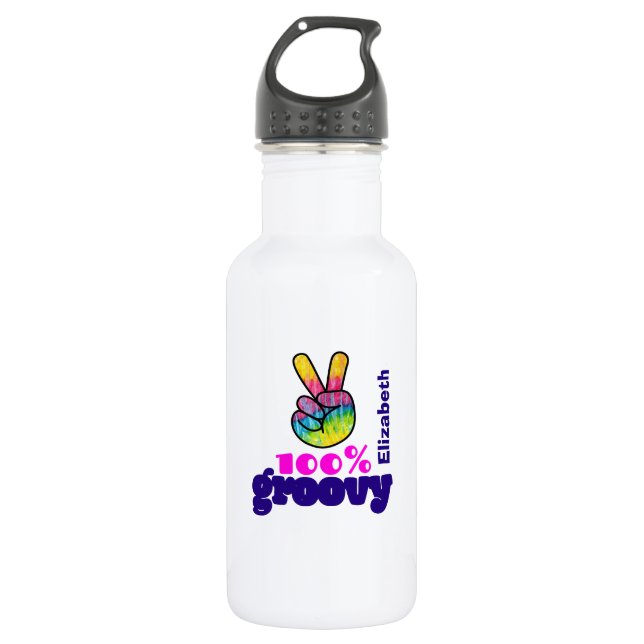100% Groovy Regenbogen mit Hand Peace Sign Einziga Edelstahlflasche (Vorderseite)