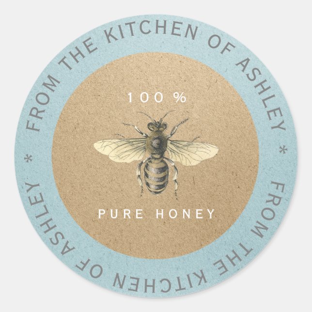 100%hausgemachte Honey Kitchen Kraft Bee Gray Blue Runder Aufkleber (Vorderseite)