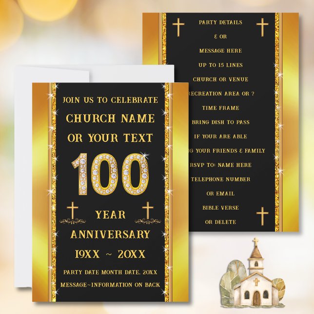 100-jähriges Kirchenjubiläum, ATEMBERAUBEND Diamon Einladung (100 year church anniversary invitations. Black and Gold, 100th church anniversary. )