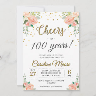 100. Ladys Birthday Party Hundredth Floral Gold Einladung