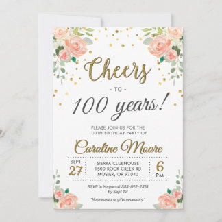 100. Ladys Birthday Party Hundredth Floral Gold Einladung