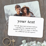 100 Pack Einfache Typografie Foto Hochzeitsszenari Visitenkarte<br><div class="desc">Freuen Sie sich auf elegante Hochzeitseinladungen und die stilvollen, individuellen Foto-Eintrittskarten, die den Gästen wichtige Informationen bieten. Der gesamte Text in dieser Vorlage ist nach Bedarf einfach zu personalisieren oder zu löschen. Diese Karte kann alle Festlichkeiten Ihrer Wahl enthalten, wie Anfahrtsbeschreibung, Website, besondere Wünsche, Unterkünfte, Empfang oder uAwg. Das moderne...</div>