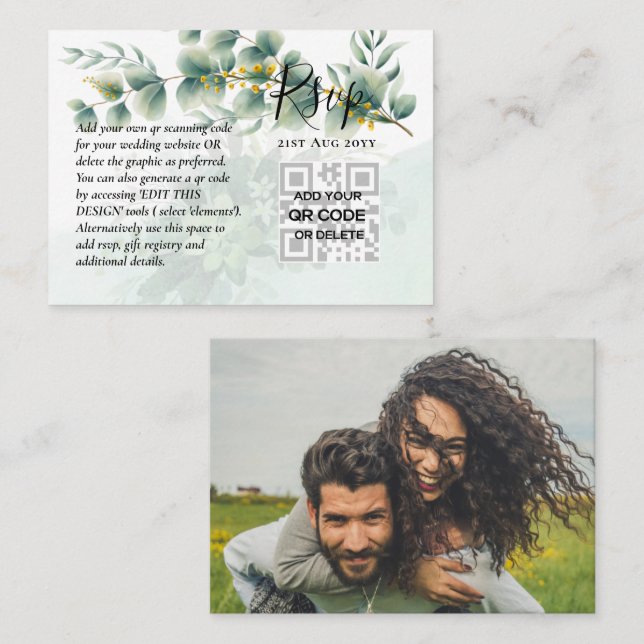 100 QR CODE WEDDING RSVP Greenery FOTO Umschließun Visitenkarte (Vorne/Hinten)