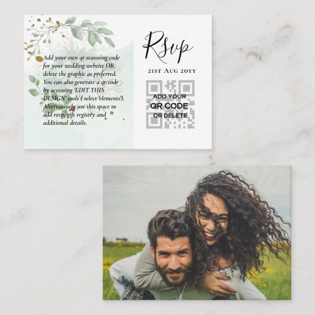 100 QR CODE WEDDING RSVP Greenery FOTO Umschließun Visitenkarte (Vorne/Hinten)