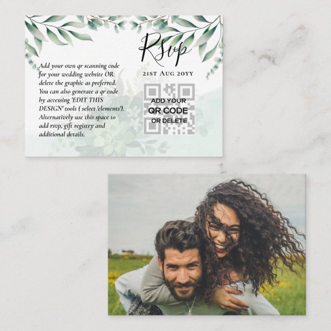 100 QR CODE WEDDING RSVP Greenery FOTO Umschließun Visitenkarte (Vorne/Hinten)