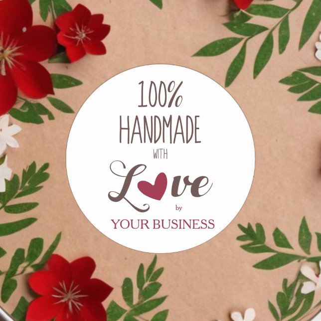 100% Quote Craft Articles Handmade Runder Aufkleber (Romantic Rustic 100% Handmade with Love Quote Classic Round Sticker with Red Heart. )