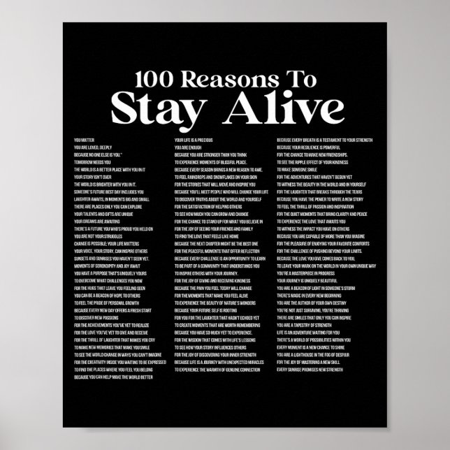 100 Reasons To Stay Alive Suicide Prevention 988 S Poster (Vorne)