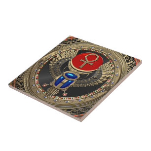 [100] Sacred Gold Egyptian Winged Scarab mit Ankh Fliese