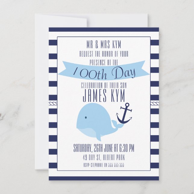 100. Tag Boys Nautical Invitation Einladung (Vorderseite)